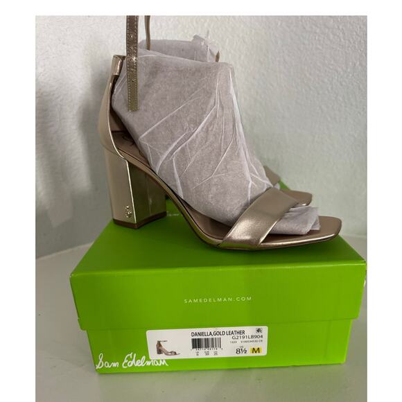 SAM EDELMAN NWB $ Daniella Gold Leather Block Heel Size 8.5 M - Picture 2 of 12